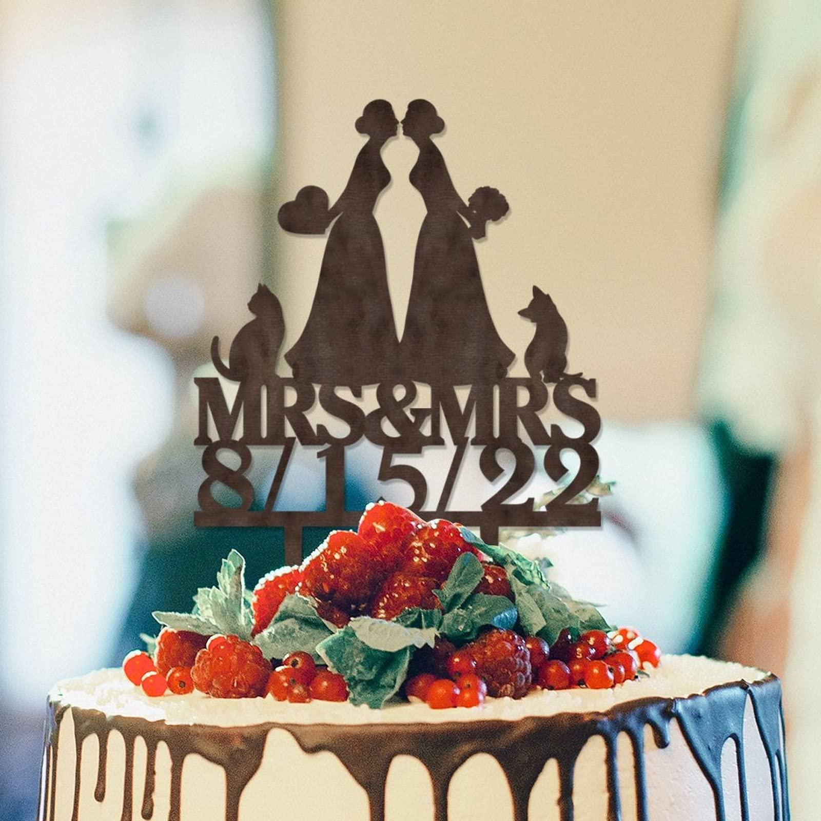 Lesbian Marriage Cake Topper for Wedding Mrs Mrs Wedding Cake Topper Same Sex Lesbian Silhouette Wedding Cake Topper with Jack Russell Terrier And Pug Dog LGBTQ Custom Cake Decoration with Dog