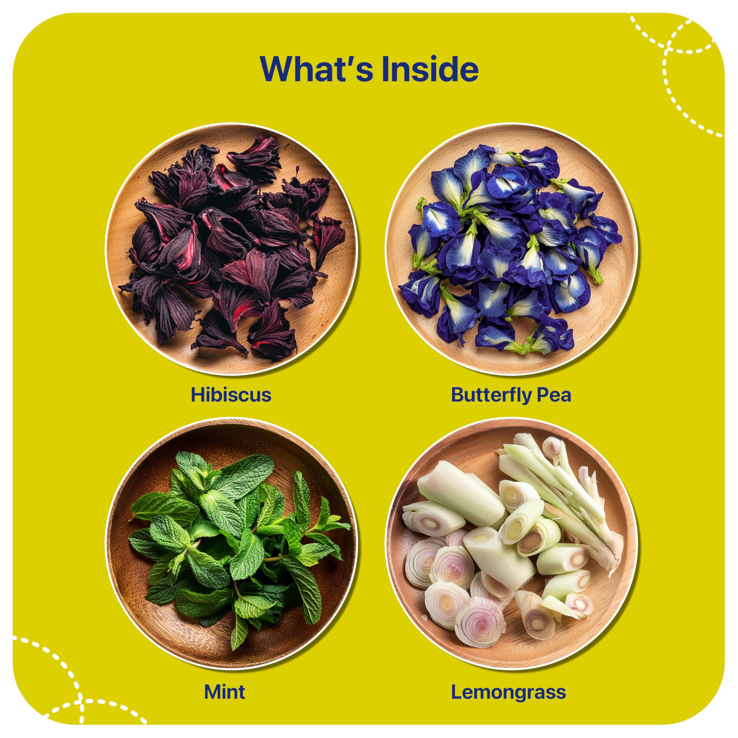 BLUE TEA BLUE TEA - Detox Herbal Tea - 30 Tea Bags - Plant Based | Butterfly Pea Flower - Hibiscus - Mint - Lemongrass | Improves Digestion - Detoxification | Caffeine Free - Vegan - Gluten Free | Ziplock Pack