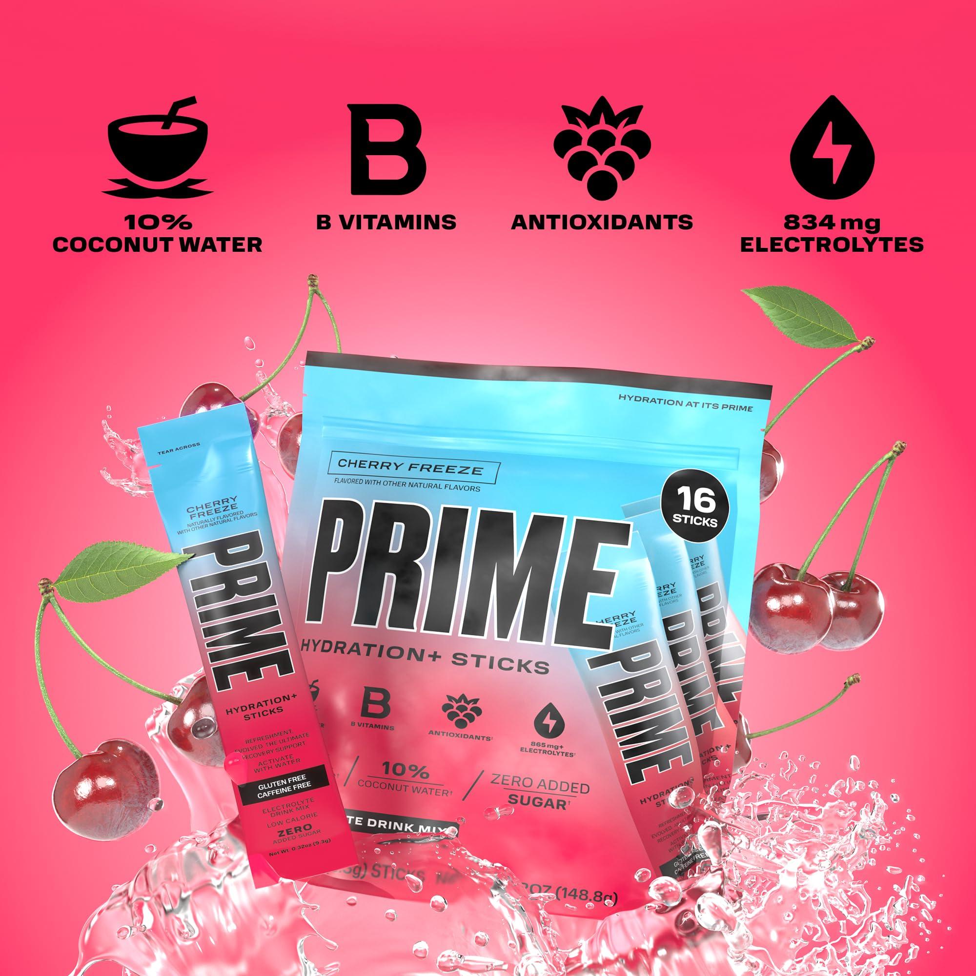 PRIME HYDRATION PRIME HYDRATION+ Sticks Cherry Freeze | Hydration Powder Single Serve Sticks | Electrolyte Powder On The Go | 250mg BCAAs, B Vitamins, Antioxidants | Low Sugar | Caffeine-Free | Vegan | 48 Sticks