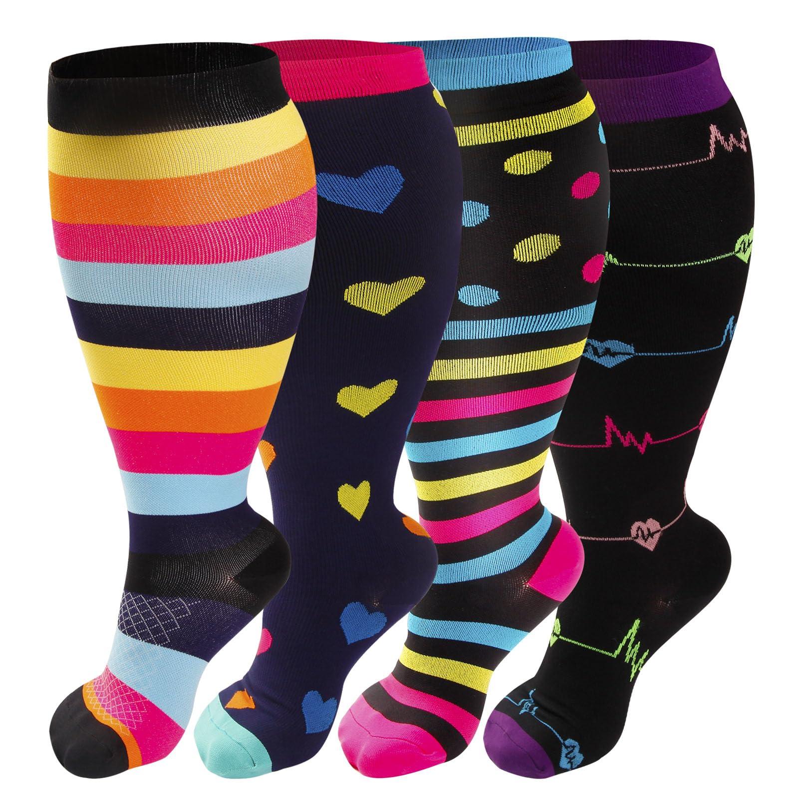 VOMFIT 4 Pairs Plus Size Compression Socks for Women & Men, Extra Wide Calf 20-30 mmhg Knee High Compression Stockings for Circulation Swelling Support