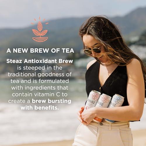 Steaz Steaz - Organic Green Tea - Peach Flavored (12 Pack) - Antioxidant Brew - 65mg Natural Caffeine, 90 Calories, Vitamin C - Cane Sugar Sweetened Iced Tea - Vegan, Fair Trade - 12 Cans, 16 fl oz (473mL)