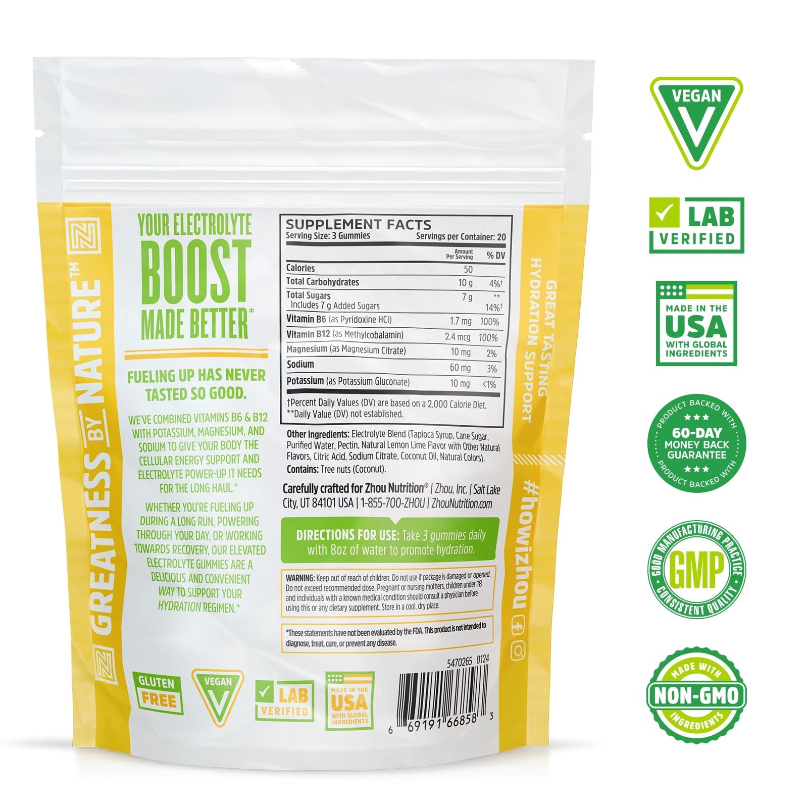 ZHOU Zhou Nutrition Hydro-Fuel Electrolyte Gummies - Advanced Electrolyte Complex - Hydration and Cellular Energy Support Supplements - Vegan, 20 Servings, 60 Gummies