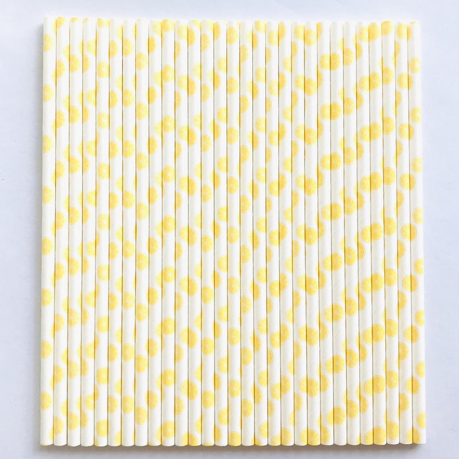 Generic 100 pcs Fruit Paper Straws Bulk, Summer Yellow Lemon Citrus Drinking Straws, Disposable Biodegradable Decorative Picnic BBQ Pool Beach Party Juice Shake Smoothie Bar Cake Pop Sticks (Lemon)