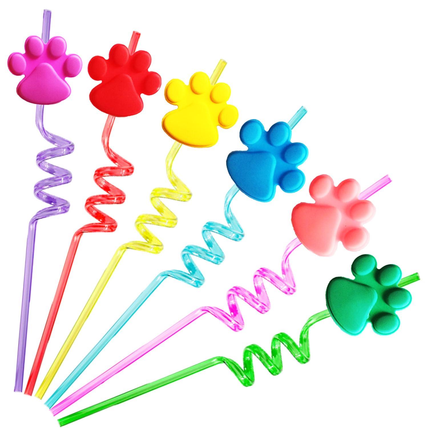 DFCROMI Paw Straws Birthday Party Decorations Supplies, 24pcs Paw Print Patrol Reusable Plastic Fun Cute Crazy Silly Drinking Straws+2pcs Cleaning Brush for Pet Dog Puppy Pals Cat Birthday Suppliers Favors