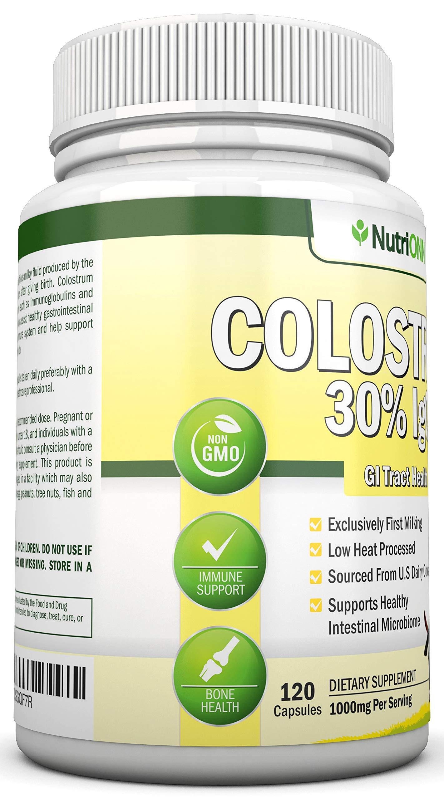 NutriONN Colostrum - 1000mg - 120 Capsules - 30% IgG - Non-GMO US Dairy - First Milking Bovine Colostrum - Low Heat Processed - Great for GI Tract Health - Immune Support - Bone and Muscle Health