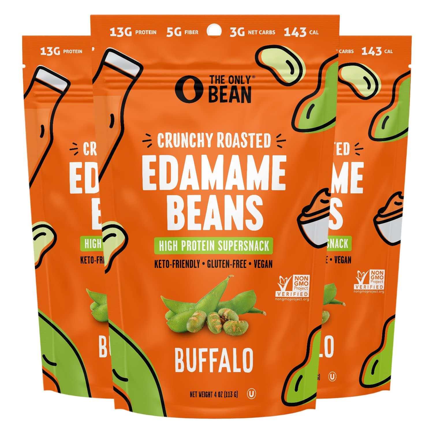 The Only Bean The Only Bean - Crunchy Roasted Edamame Beans (Buffalo), Keto Snacks, Healthy Snacks For Adults and Kids, Low Carb High Protein Snacks, Low Calorie Gluten-Free Snack, Vegan Keto Food - 4 oz (3 Pack)
