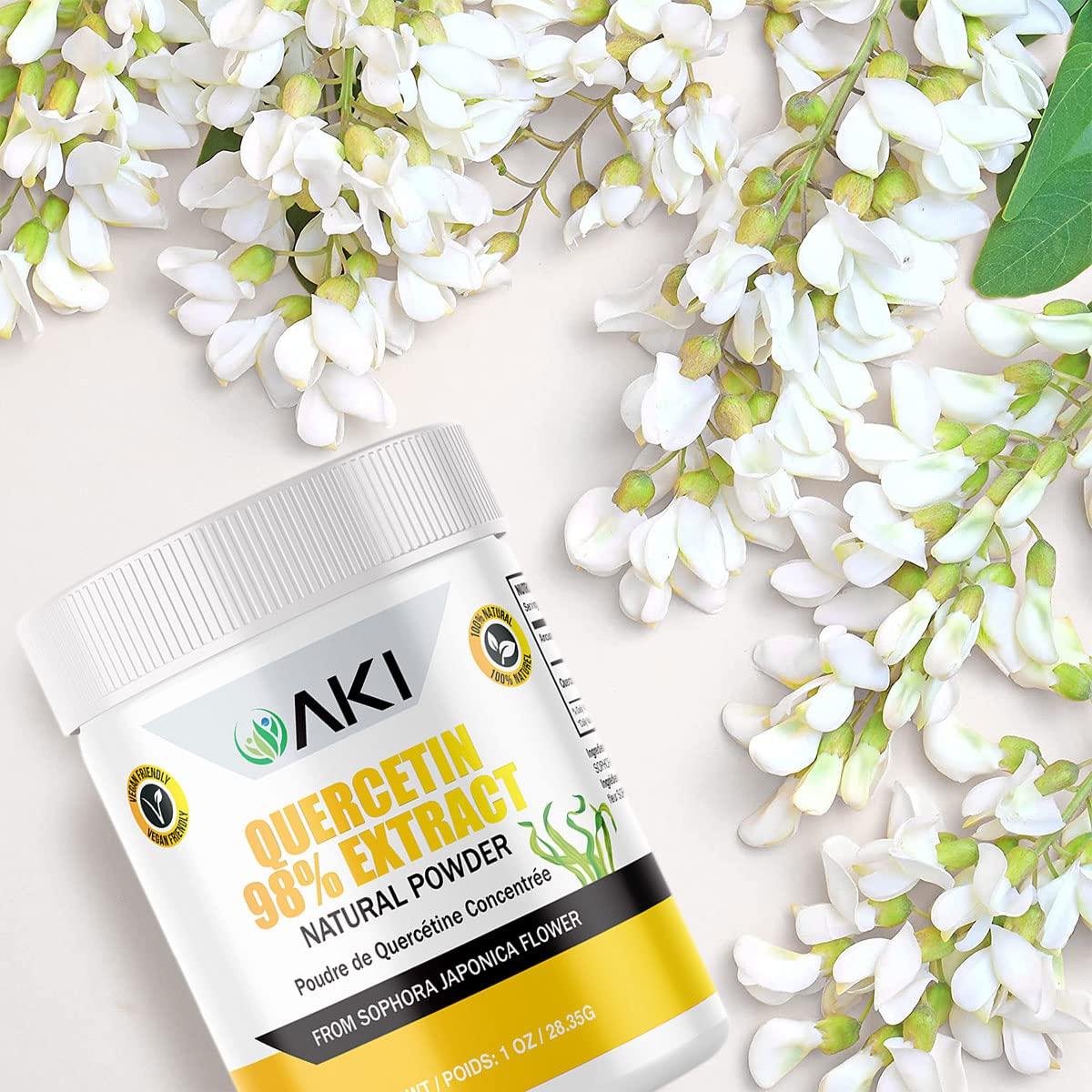 AKI ORGANIC AKI Quercetin Powder 98% Sophora Japonica Flower Extract Quercetin 725mg, Helpful in Increase Energy & Overall Wellness - Non GMO & Gluten Free - Vitamin Dietary Supplement (1oz/28.35g)