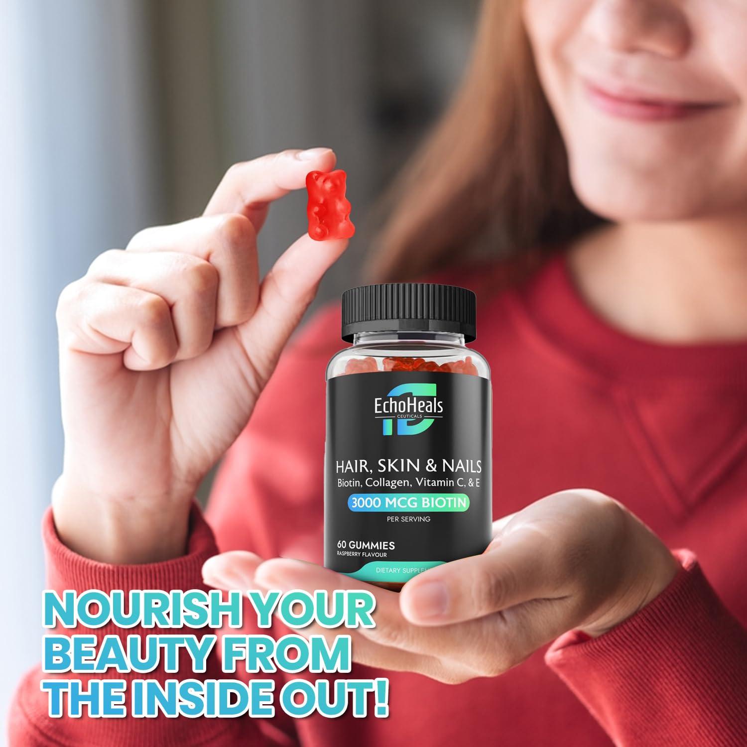 EchoHeals CEUTICALS EchoHeals CEUTICALS Hair, Skin & Nail Gummies | Biotin Collagen Vitamin C & E Supplement | 3000mcg Biotin | Raspberry Flavored | 60 Gummies