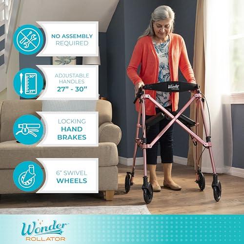Stander Stander Wonder Rollator Short, Lightweight Junior Folding-Walker for Seniors and Adults, Travel Space-Saver-Rollator, Petite Four Wheel Walking Aid with Seat, Vivid White