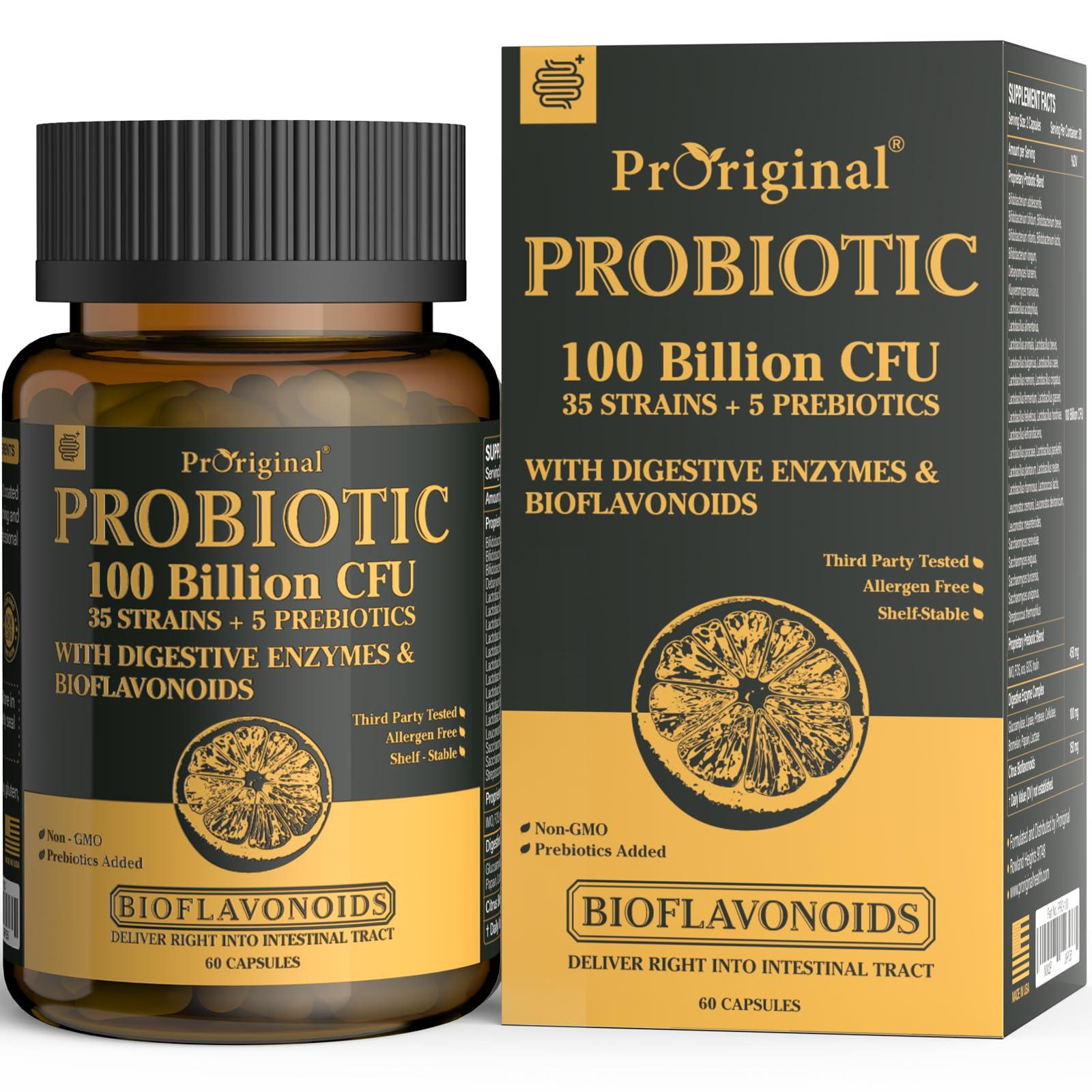 Proriginal Probiotics with Prebiotics for Men and Women - 35 Strains Organic Probiotic 100 Billion CFU for Gut & Digestive Health, Vegan Acidophilus Probiotic Supplement, Non-GMO Raw Probiotic 60 Capsules