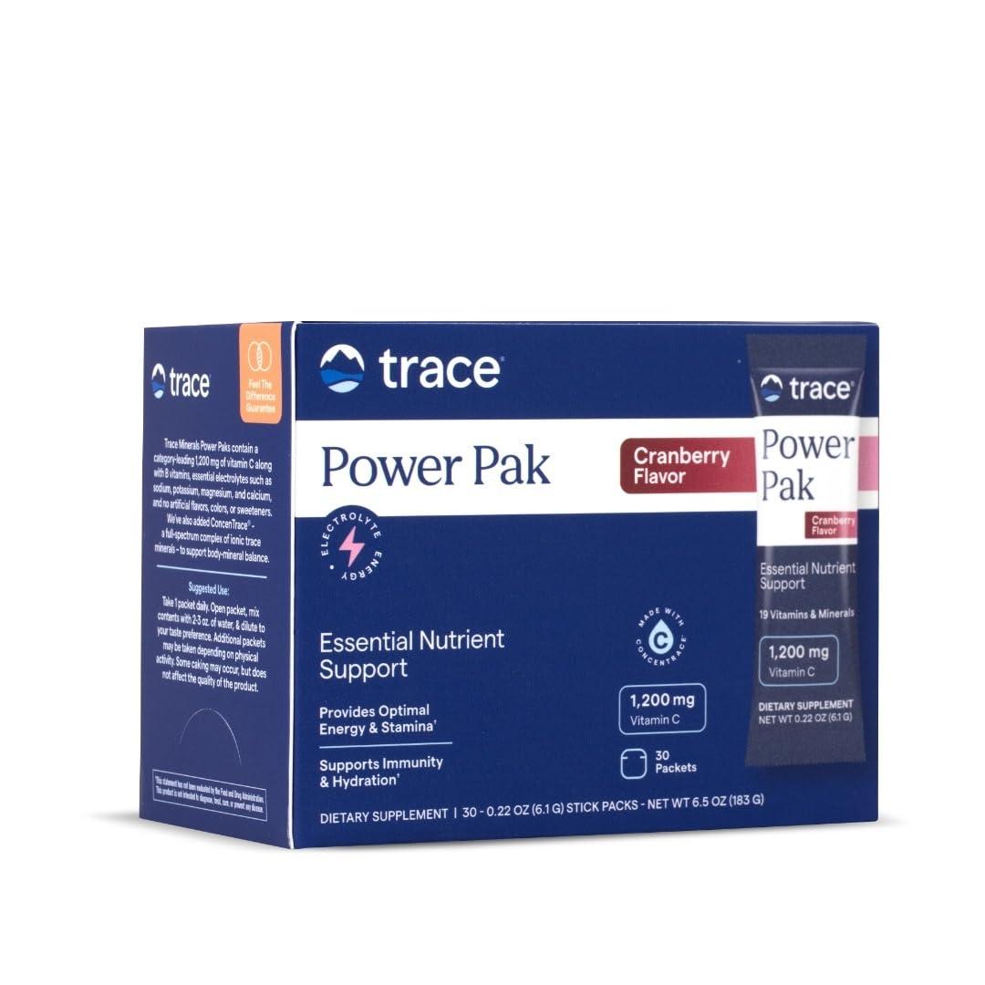 Trace Minerals Research Trace Minerals | Power Pak Electrolyte Powder Packets | 1200 mg Vitamin C, Zinc, Magnesium | Boost Immunity, Hydration and Natural Energy | Cranberry | 30 Packets