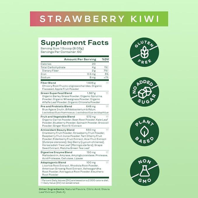 Bloom Nutrition Bloom Nutrition Superfood Greens Powder, Digestive Enzymes with Probiotics and Prebiotics, Gut Health, Bloating Relief for Women, Chlorella, Green Juice Mix w Beet Root Powder, 60 SVG, Strawberry Kiwi