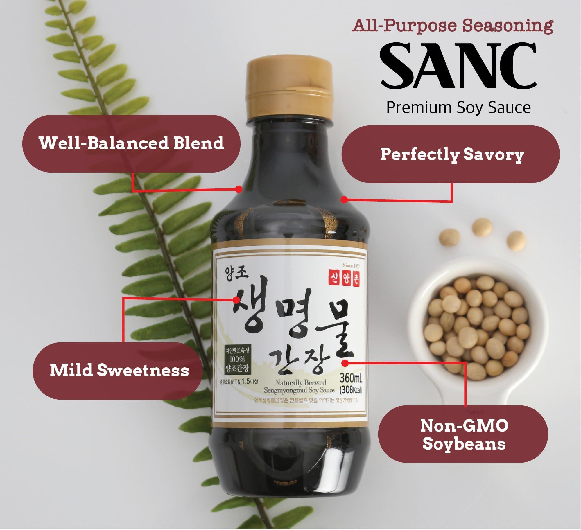 Shinangchon SANC All Purpose Korean Soy Sauce, 12.2 Fl Oz (Pack of 3) A Must-Have for Every Pantry, Low-Sodium Salt Substitute, NON-GMO Bean, No Artificial Additives, Naturally Brewed with Music Fermentation