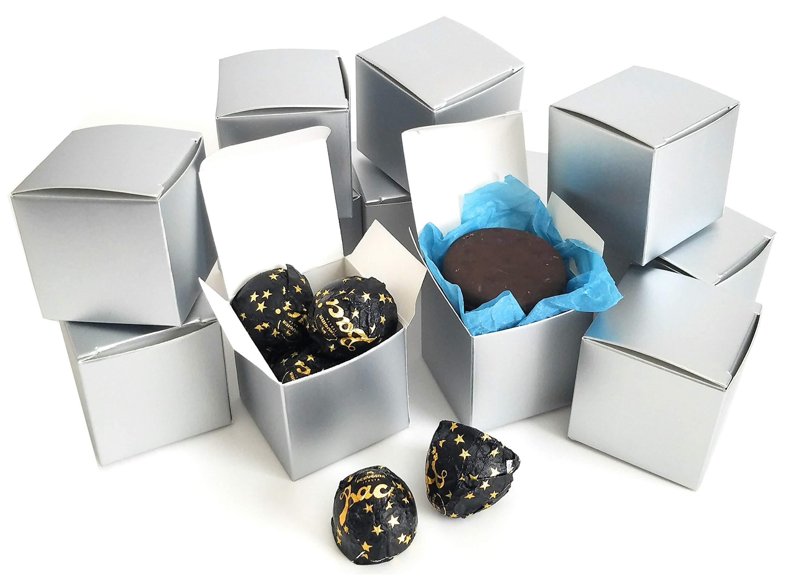 kelkaa Kelkaa Kraft Boxes - Gift Boxes with Lids, Silver Gift Candy Box Bulk, 72pcs 2x2x2” Small Party Favor Box for Wedding, Baby Shower, Bridal Shower Gift Party Supplies - Silver Metallic
