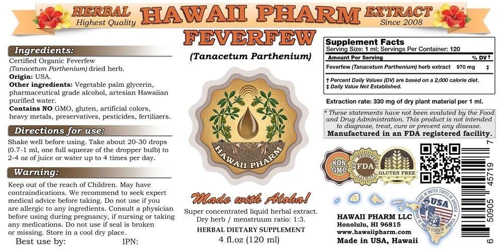 HawaiiPharm Feverfew Liquid Extract, Organic Feverfew (Tanacetum parthenium) Tincture Supplement 2x4 oz