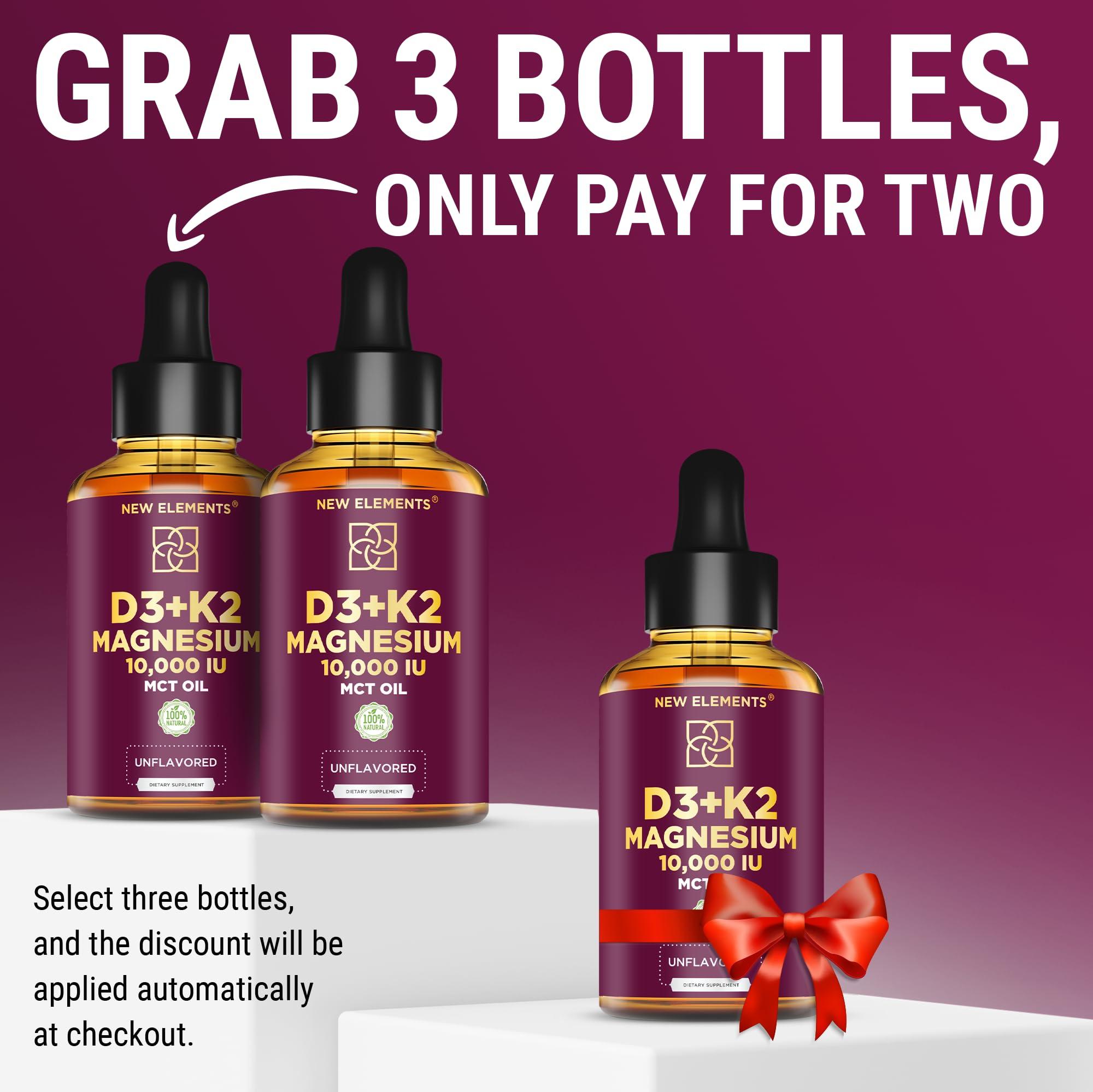New Elements Liquid Vitamin D3 K2 10000IU with Magnesium Glycinate 5mg | VIT D3 K2 Drops for Adults | Mk7 Vitamin K2 100mcg | Vitamin D3 + K2 Supplement for Men & Women | Gluten Free | Non-GMO