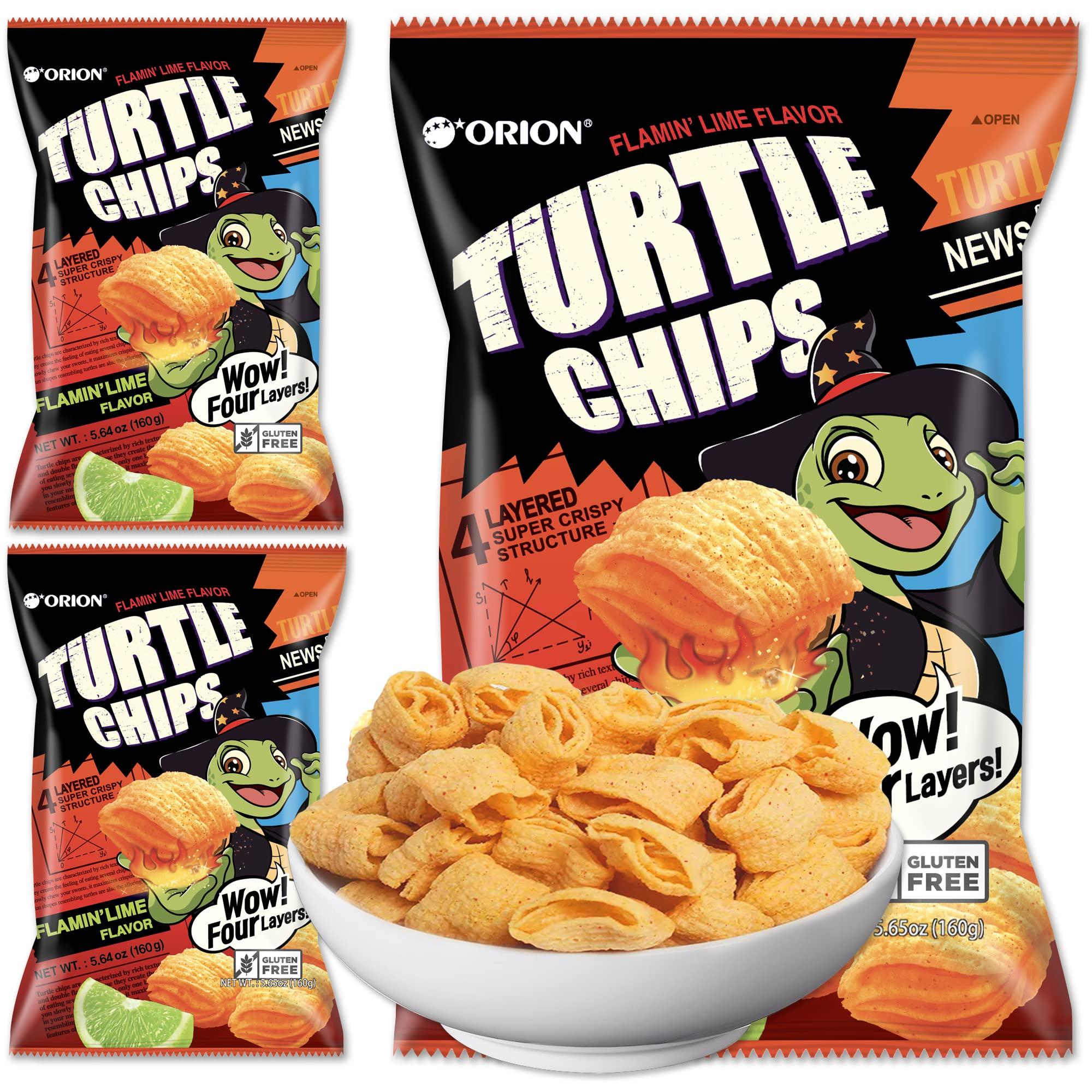K-Munchies K-Munchies Orion Turtle Chips – Large 3 x 160-gram Flamin' Lime Flavor Korean Chips – Big Bag, Party Size Tasty, Crispy Korean Corn Snacks - Bite-Sized, On-The-Go Korean Corn Snack for Family
