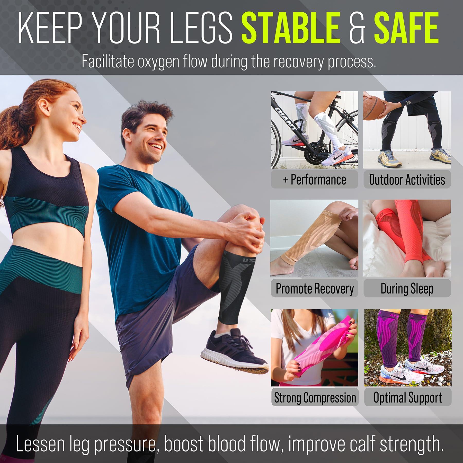 BLITZU BLITZU 3 Pairs Calf Compression Sleeves for Women and Men Size XXL, One Blue, One Black, One White Calf Sleeve, Leg Compression Sleeve for Calf Pain and Shin Splints. Footless Compression Socks.