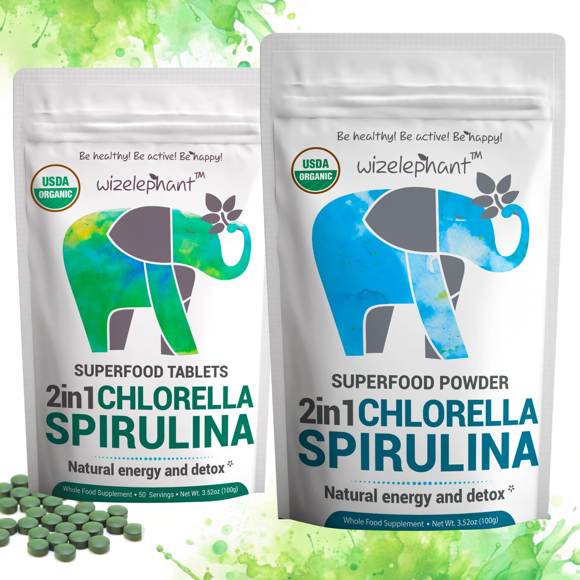Wizelephant Chlorella Spirulina Powder Organic | Super Greens Powder and Smoothie Mix | Rich in Chlorophyll for Immune Support and Energy | Raw Vegan Protein | Spirulina Chlorella Powder | 50 Servings