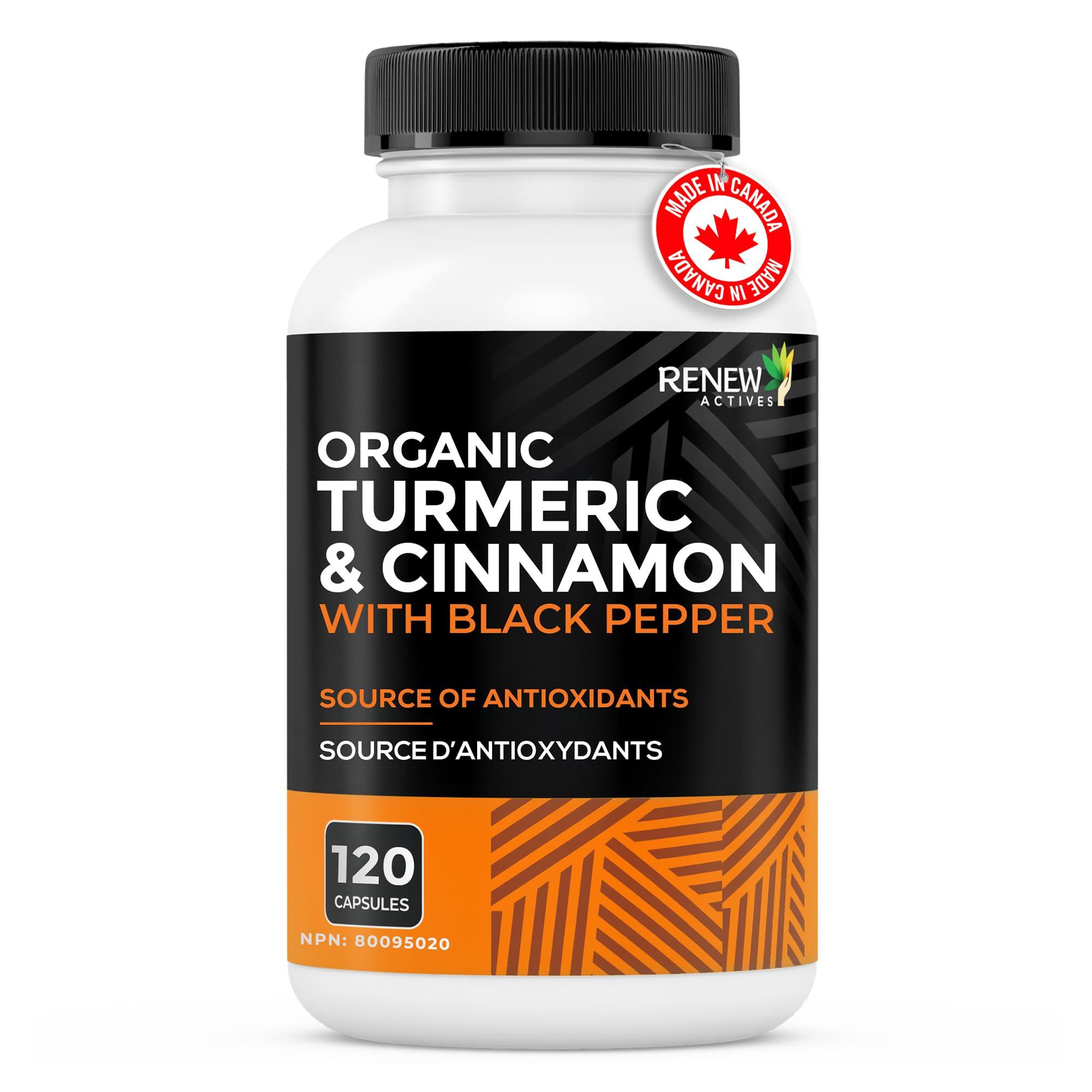 Renew Actives Renew Actives Organic Turmeric & Cinnamon Capsules - with Curcumin & BioPerine Black Pepper for Enhanced Absorption - Promotes Metabolism, Joint Health & Digestion - 120 Capsules