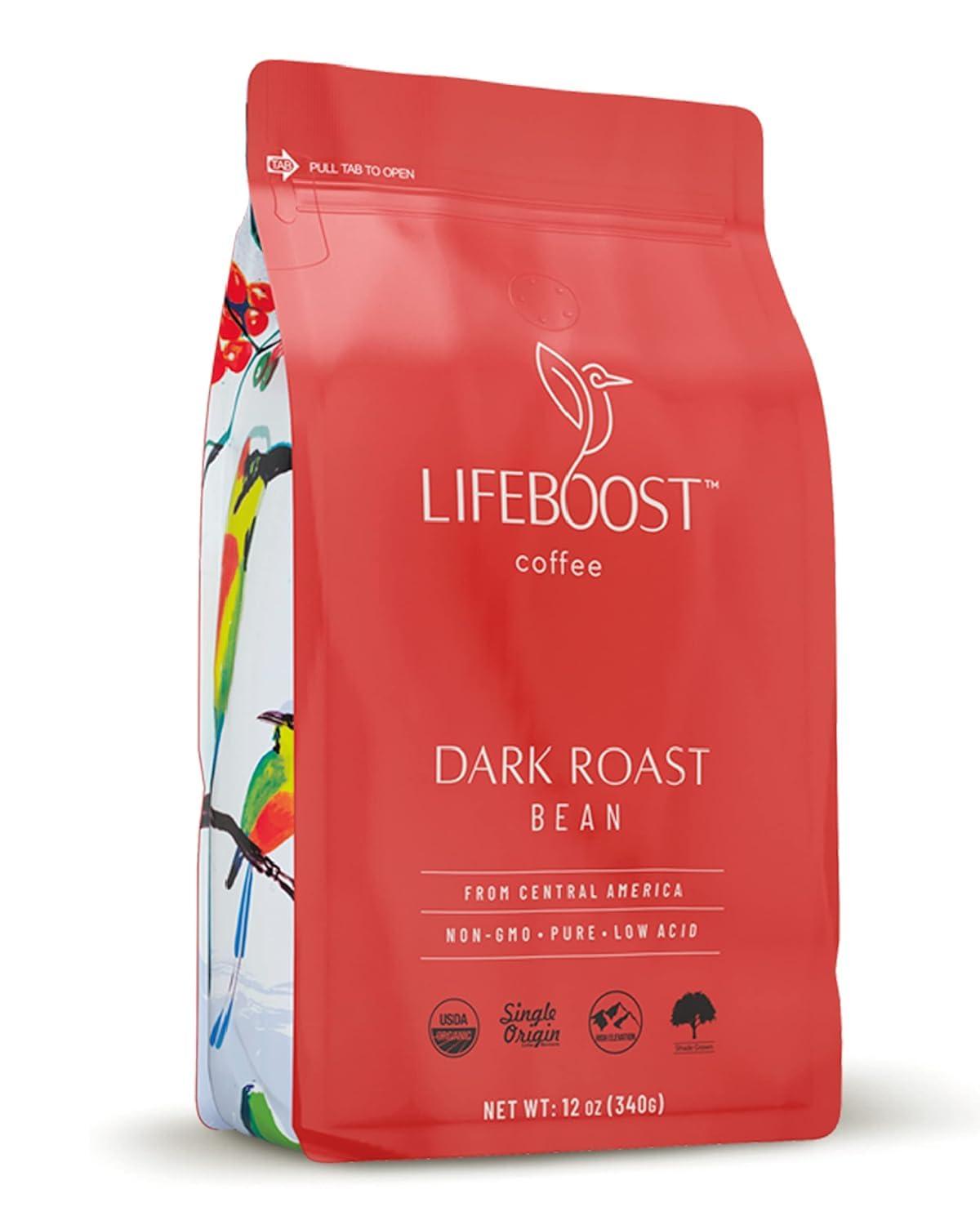 LIFEBOOST Lifeboost Coffee Dark Organic Coffee Beans - Dark Roast Low Acid Coffee Beans - Single Origin Non-GMO Organic Coffee - Third Party Tested For Mycotoxins & Pesticides - Whole Bean - 12 Ounces