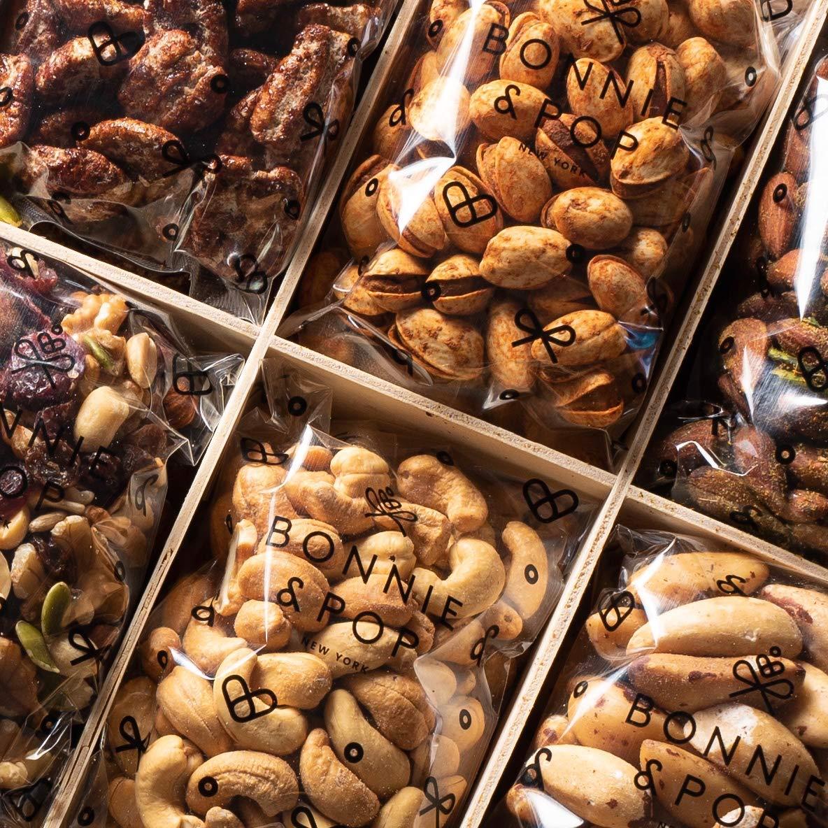 BONNIE AND POP Nut Gift Basket | Healthy Valentines Day Gift of Assorted Nuts in Reusable Wood Crate | Large Variety Tray with Unique Flavors | Parties, Holidays, Birthday, Sympathy, Office, Thank You, Him, Her | Bonnie & Pop