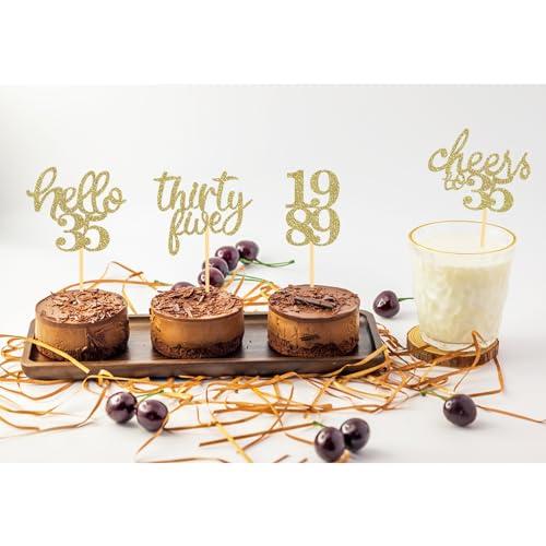 Moitkptt 24Pcs Glitter 35th Birthday Cupcake Toppers, Hello 35th Birthday Cake Topper- 35th Birthday Decorations for Celebrating Thirty-Five Years Old Birthday Party (Gold)