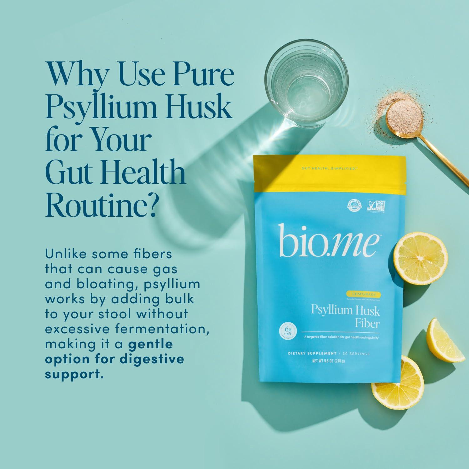 Bio.me Fiber Rescue - Psyllium Husk Powder for Digestive Health & Bloating Relief, Sugar Free Lemonade Flavored Prebiotic Soluble Fiber Powder, Non-GMO Fiber Supplement Powder, Gluten Free - 30 Servings