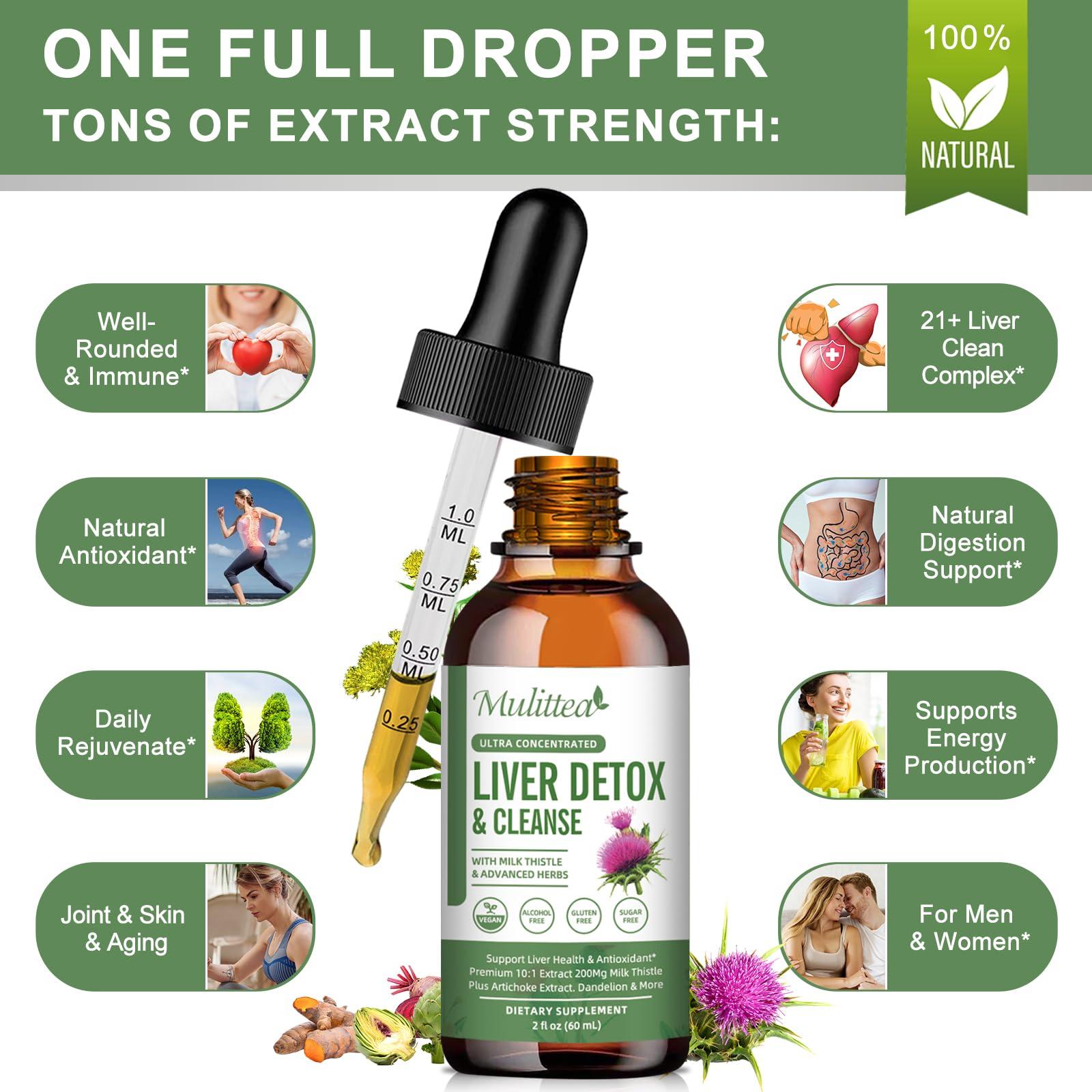 Mulittea (2 Pack) Liver Health Liquid Drops -Support Liver Cleanse Detox & Repair with Artichoke Milk Thistle Silymarin Extract, Dandelion,Turmeric, Berberine to Renew w/21 Potent Herb-Nutrients-