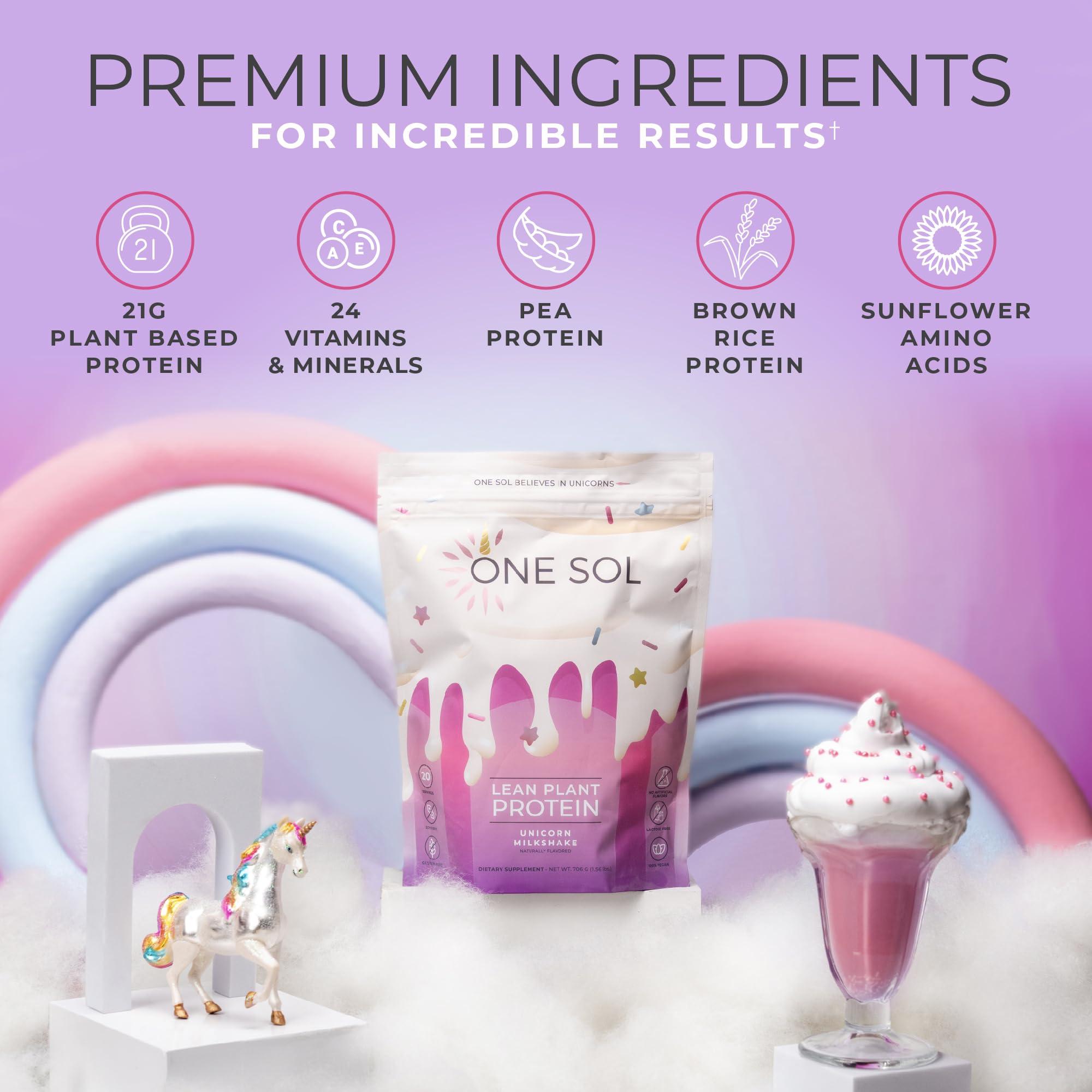 One Sol One Sol Protein Powder, Lean & Low Carb, No Bloating, Gluten Free, Lactose-Free, No Sugar Added, Soy Free, Non-GMO, 100% Plant-Based & Vegan Friendly (Unicorn Milkshake)