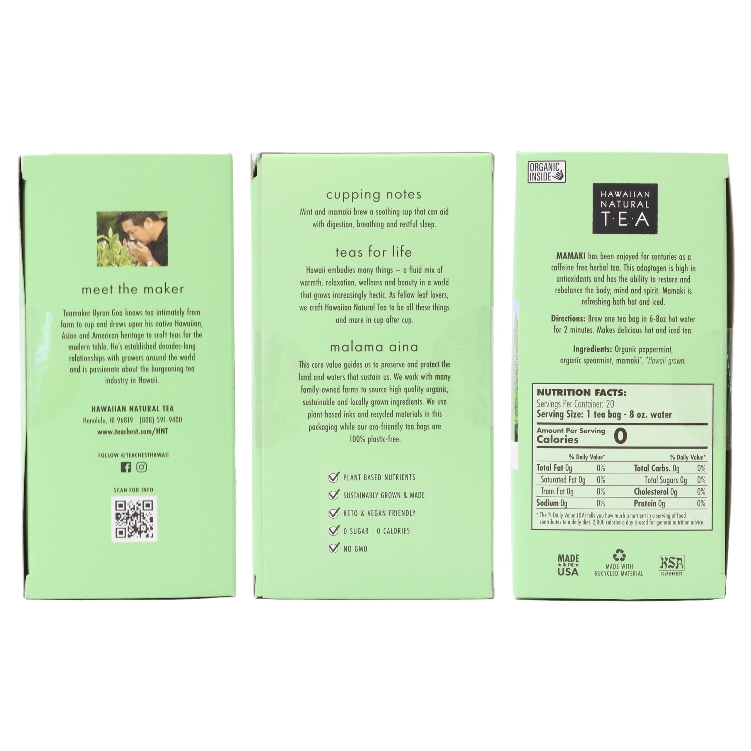 HAWAIIAN NATURAL TEA Hawaiian Natural Tea Organic Mamaki Mint Tea Blend - Caffeine Free Herbal Tea - Antioxidant-Rich, Calming, Wellness Tea for Bedtime, Anxiety & Stress - Gift for Tea Lovers - 20 Tea Bags