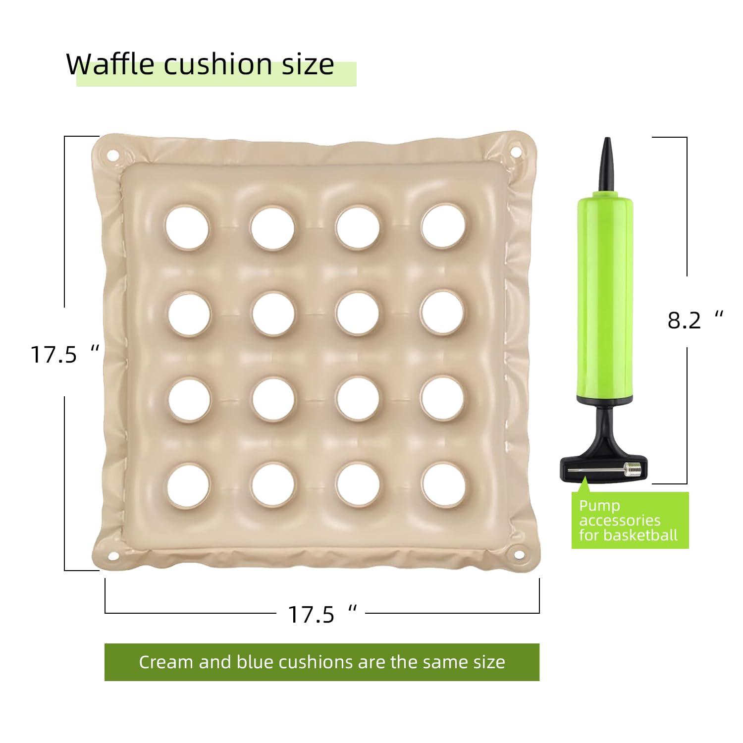 BIGINIWA Waffle Cushion 2 Pack - Inflatable Air Cushion with Pump - Pressure Sore Relief - Cream and Blue 17x17 Inch