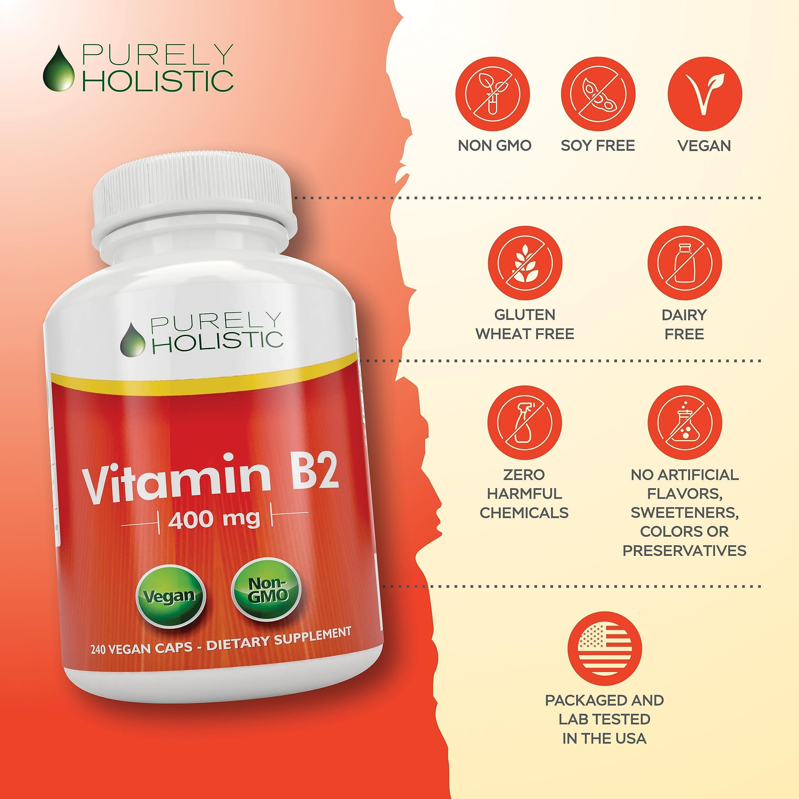 Purely Holistic Purely Holistic Vitamin B2 Riboflavin 400mg - 240 Vegan Capsules, 8 Month Supply - High Strength B2 Vitamins - Non GMO & Gluten Free - Supports Energy Production & Cellular Health