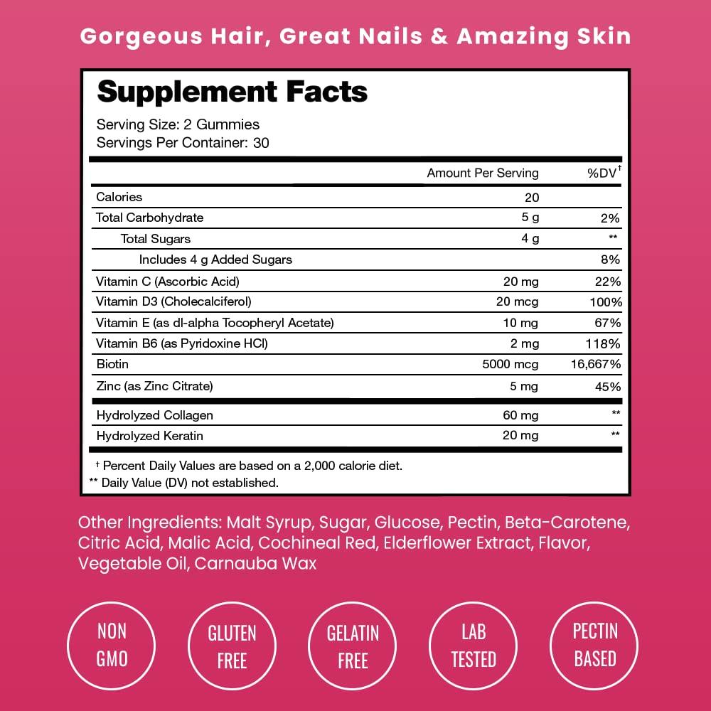 NutraChamps Hair Skin & Nails Gummies | Biotin with Collagen & Keratin | 5000mcg Biotin Beauty Complex | Vitamin Supplement | Berry | 120 Count for Women & Men | Healthy Hair, Radiant Skin & Strong Nails (2 Pack)