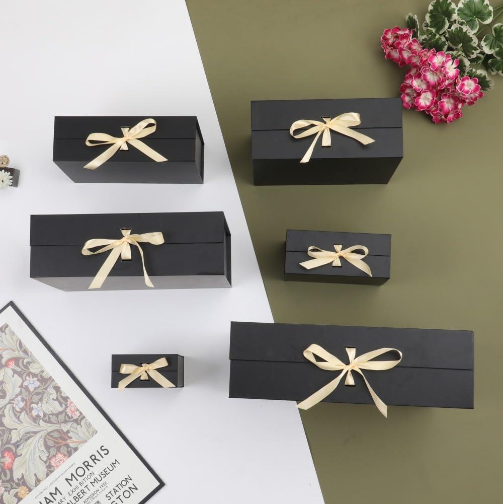 BoxSkivra Large Gift Boxes with Lids 5 Pack 13X11X5.3 Inch Large Black Gift Box with Ribbon Foldable Gift Boxes for Presents Easter Gift Box Groomsman Proposal Box Shredded Paper for Gift Box with Cards