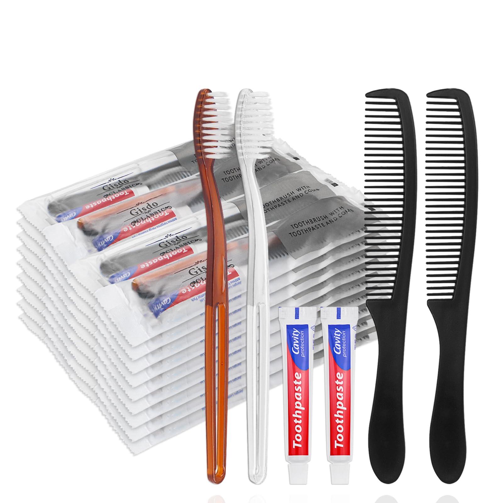 Gisdo Gisdo 50 Pcs Disposable Toothbrushes with Toothpaste and Comb Individually Wrapped,10g Travel Toothpaste,7inch Black Hair Comb,Bulk Toothbrush for Hotel,AirBnb,Shelter,Charity