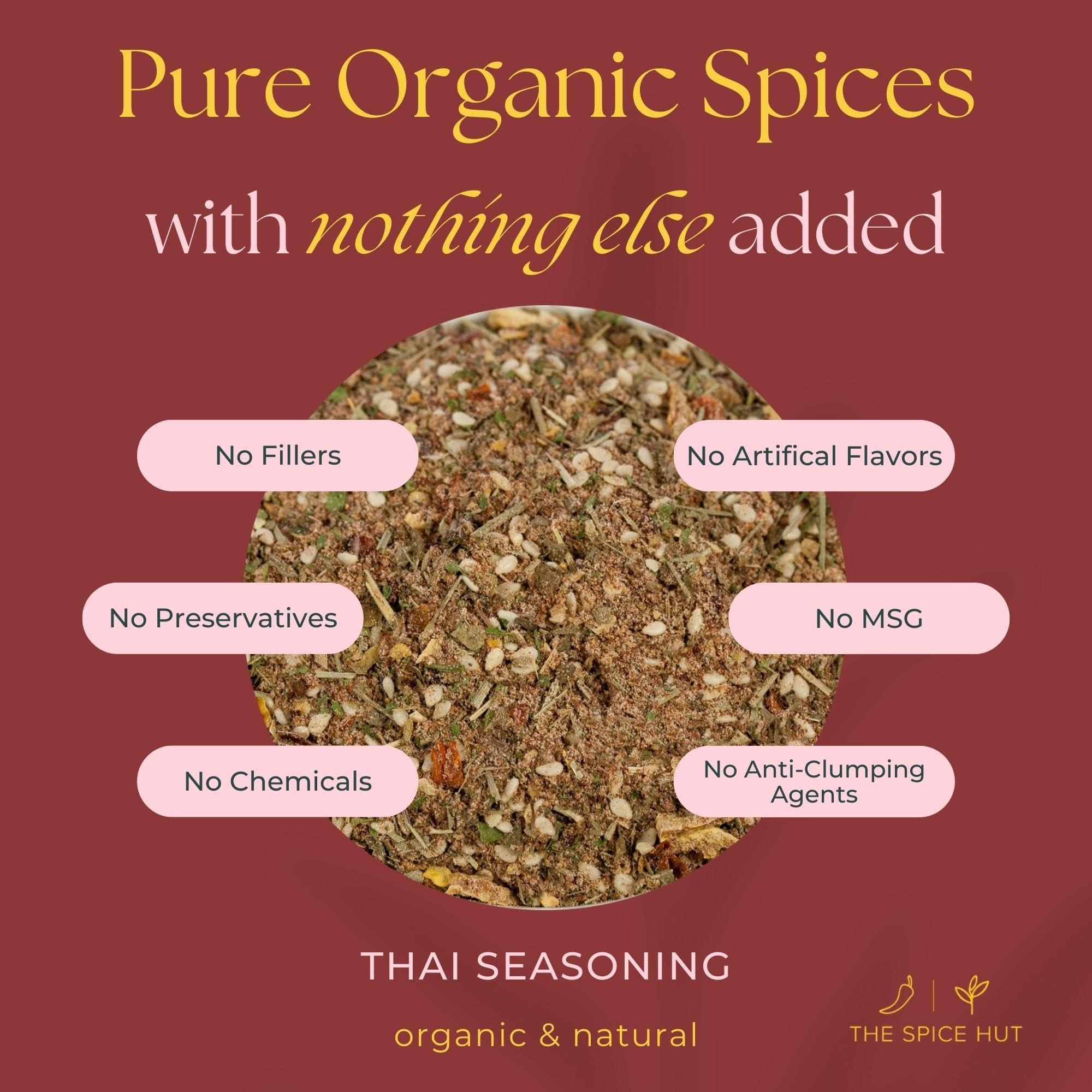 The Spice Hut Organic Thai Seasoning Spice Blend, with Salt, Authentic Thai Spice and seasonings for Cooking Flavorful Food - Pad Thai, Chicken Satay, Noodle, Curries, and Meat / All-Natural, Kosher, Vegan, Gluten Free, Keto -No MSG- 4oz Glass Jar