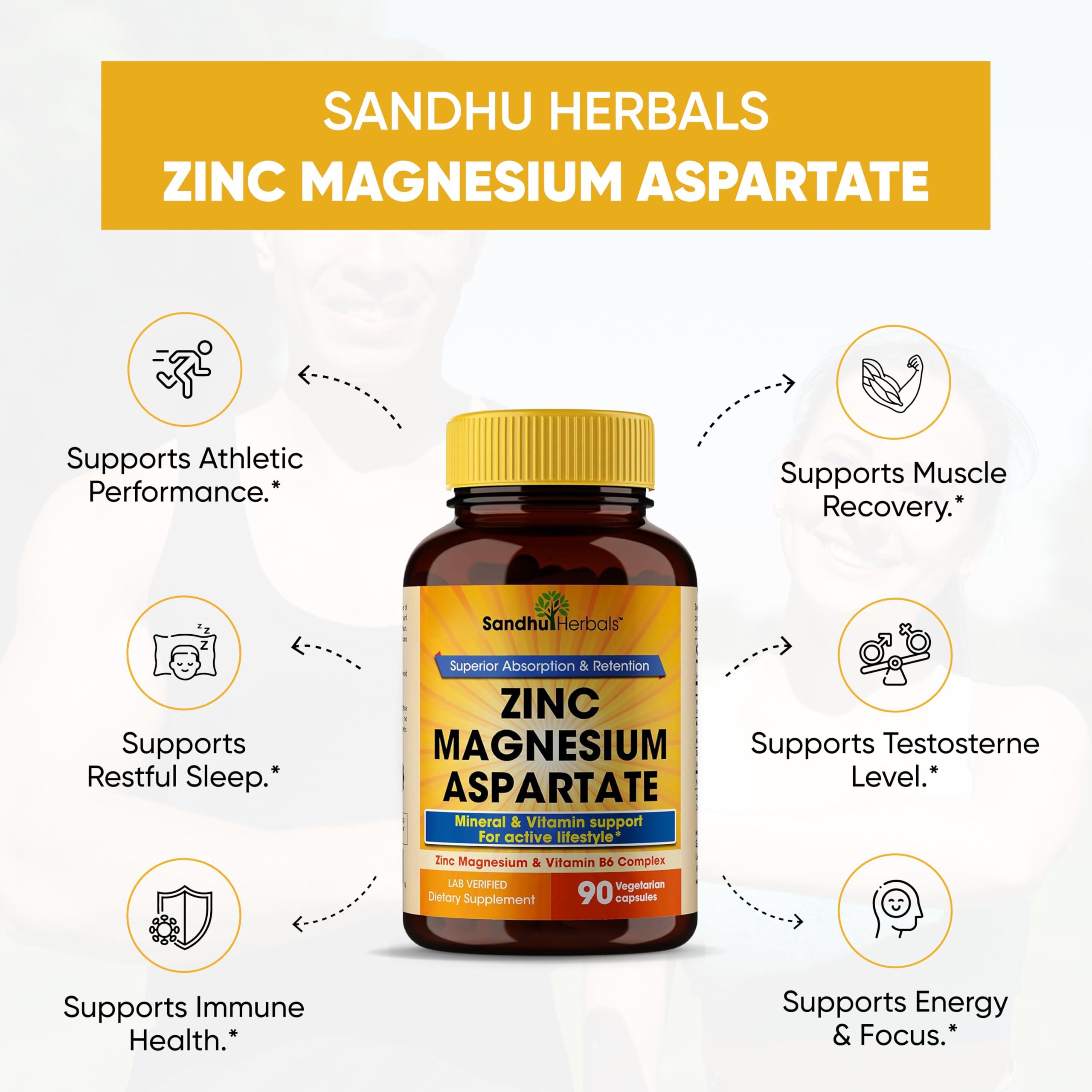 SANDHUHERBALS Sandhu Herbals Zinc Magnesium Aspartate Supplement 90 Capsules| Made in The USA| Recovery & Sleep Supplement, Promotes Muscle Recovery, Immune Support & Restorative Sleep with Vitamin B6