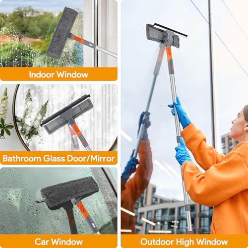 Lshfjnd Window Squeegee Cleaner, 2 in 1 Window Washer Cleaning Kit with Extension Pole, Window Washing Equipment with Bendable Head, Glass Cleaning Tools for Indoor/Outdoor High Window