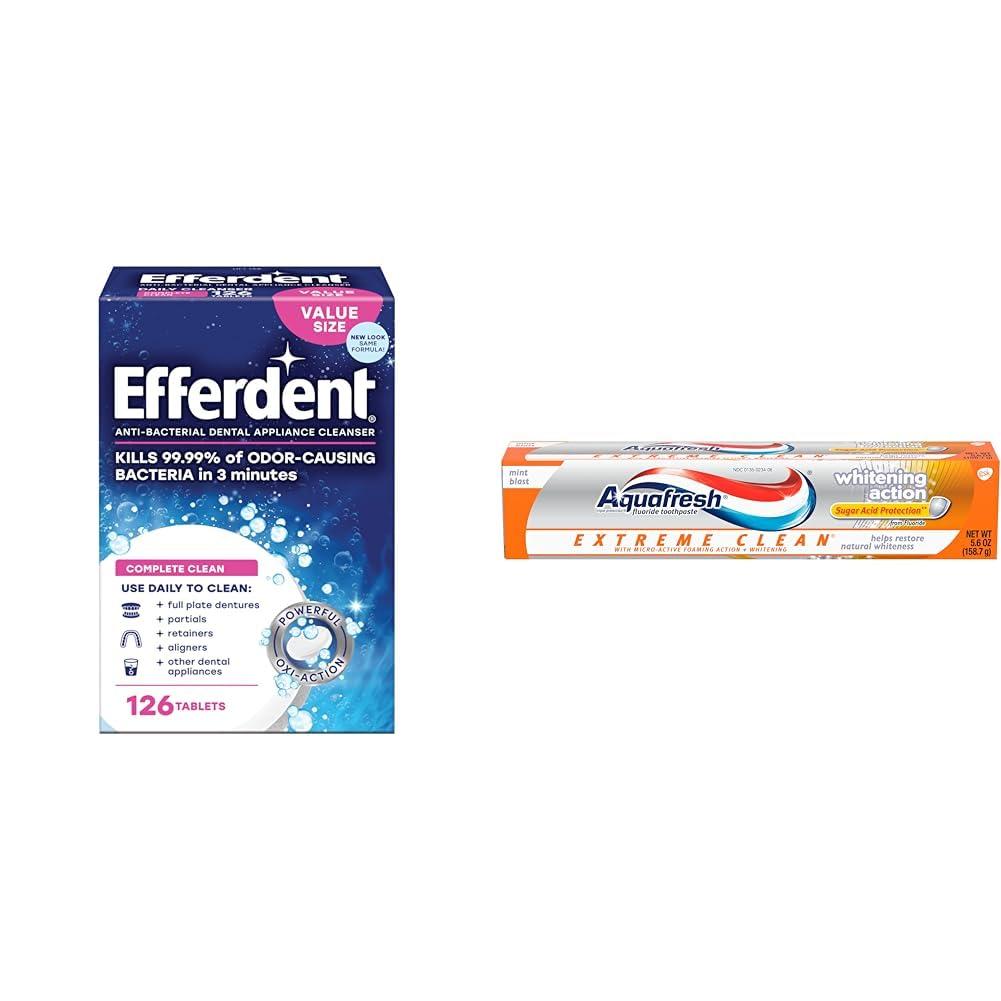 efferdent Efferdent Retainer Cleaning Tablets, 126 Tablets & Aquafresh Extreme Clean Whitening Toothpaste, 5.6 Ounce