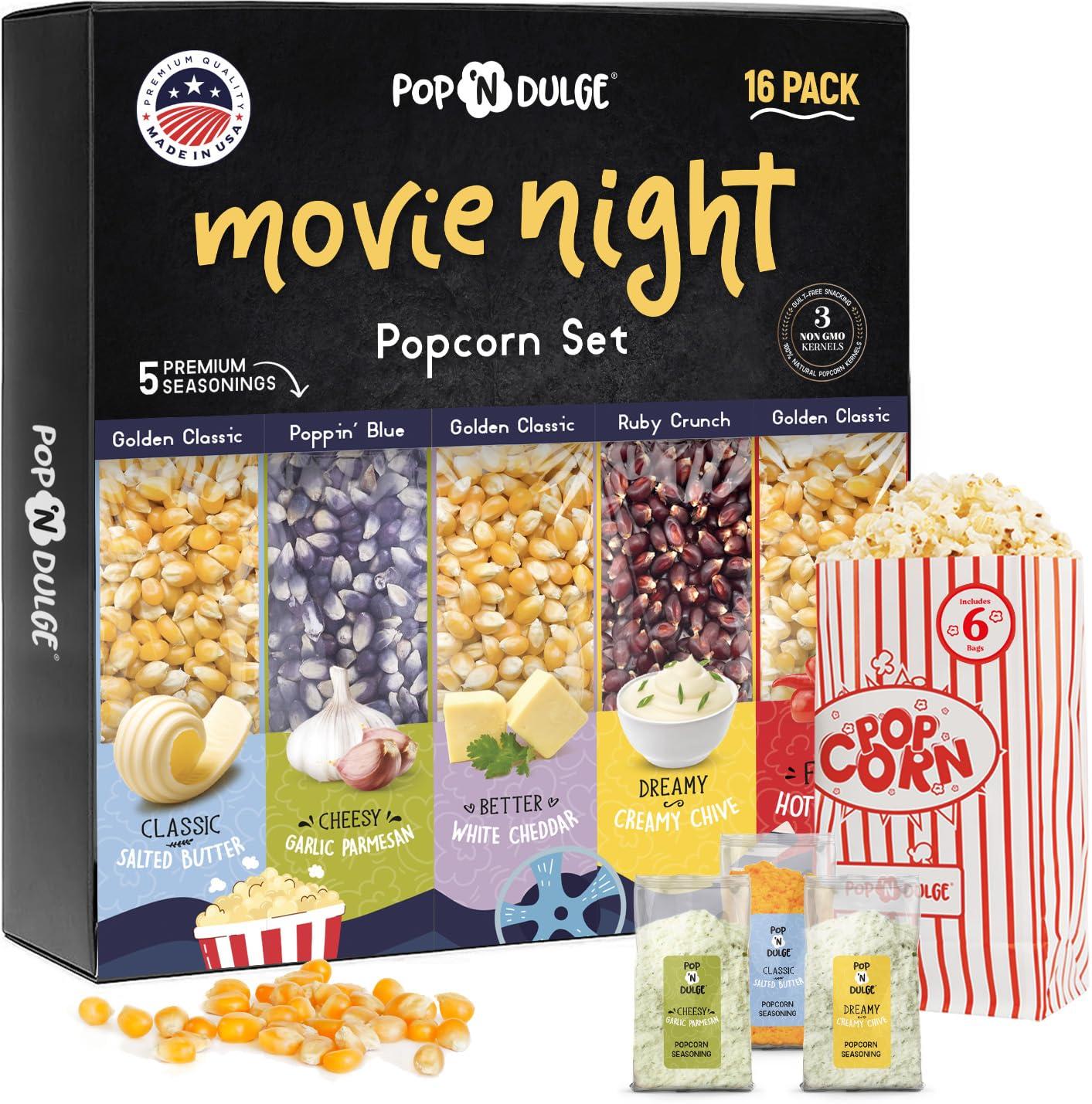 Pop n' Dulge Popcorn Movie Night Supplies Popcorn Kernels Popcorn Seasoning 16 Pack, 5 Gourmet Popcorn Kernels, 5 Popcorn Seasoning Variety Packs Non-GMO Snacks, Includes 6 Bags, Gift Basket Idea