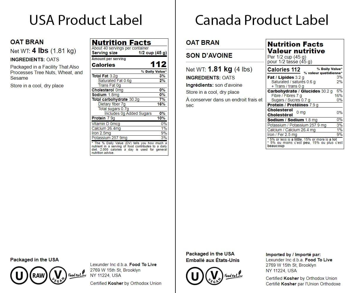 Food to Live Food to Live Oat Bran, 4 Pounds A Nutritional Powerhouse High Fiber Hot Cereal, Milled from High Protein Oats. Raw, Unprocessed, Vegan, Kosher, Bulk. Good for Dukan Diet