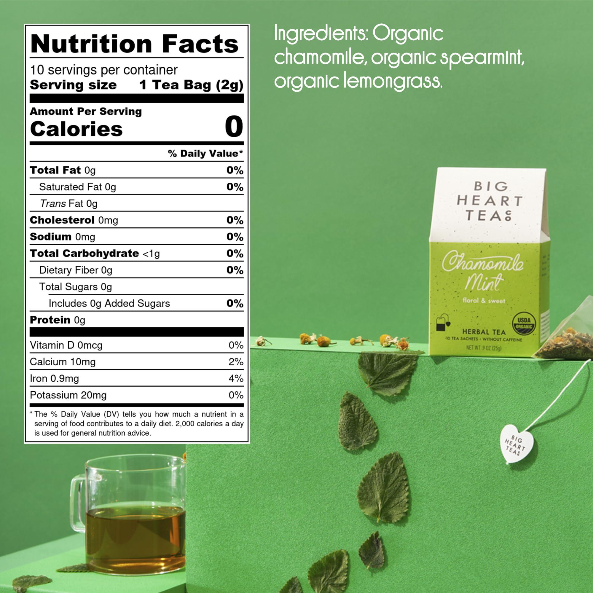 Big Heart Tea Co. Big Heart Tea Co. Tea Bags - Chamomile Mint - Certified Organic, Calming Herbal Decaf Tea in Zero Plastic Sachets with Small Batch Ground Herbs - Spearmint and Lemongrass, 10 Tea Bags
