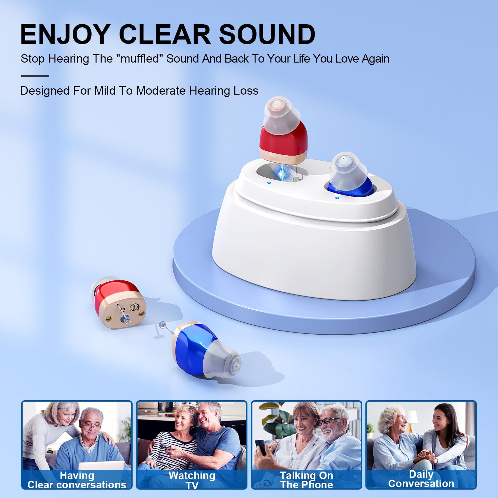 RUYIOER Rechargeable Hearing Aids for Seniors, In-Ear Digital Hearing Aids, Sound Amplifier with Noise Cancellation, Sound Controller for Adults with Hearing Loss, with Portable Charging Case (Red/Blue)