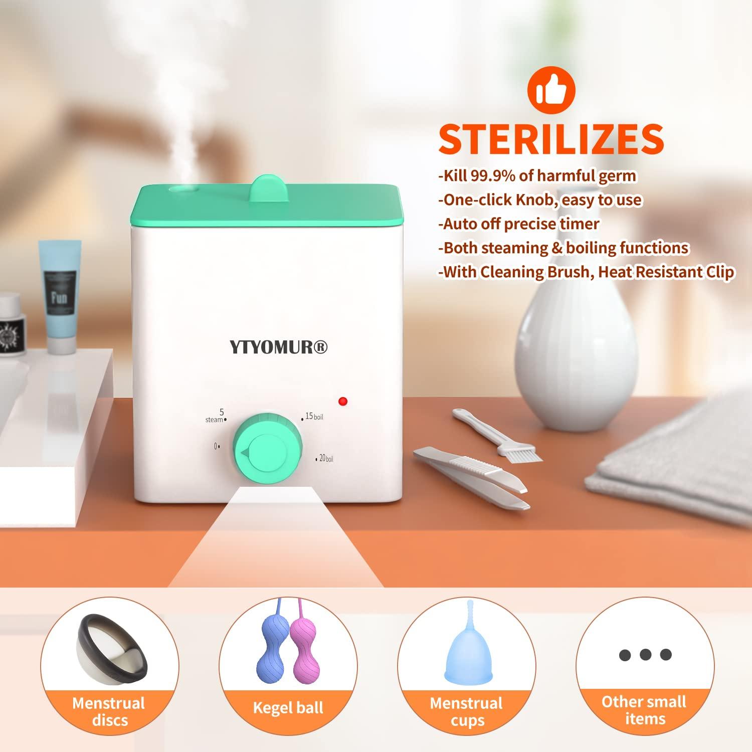 YTYOMUR Upgraded Menstrual Cups Sterilizer Menstrual Disc Steamer, 2 in 1 Boiling & Steaming Modes, One-Click Knob Timer Auto Off, with 1 Cleaning Brush & 1 Heat Resistant Clip(Green)