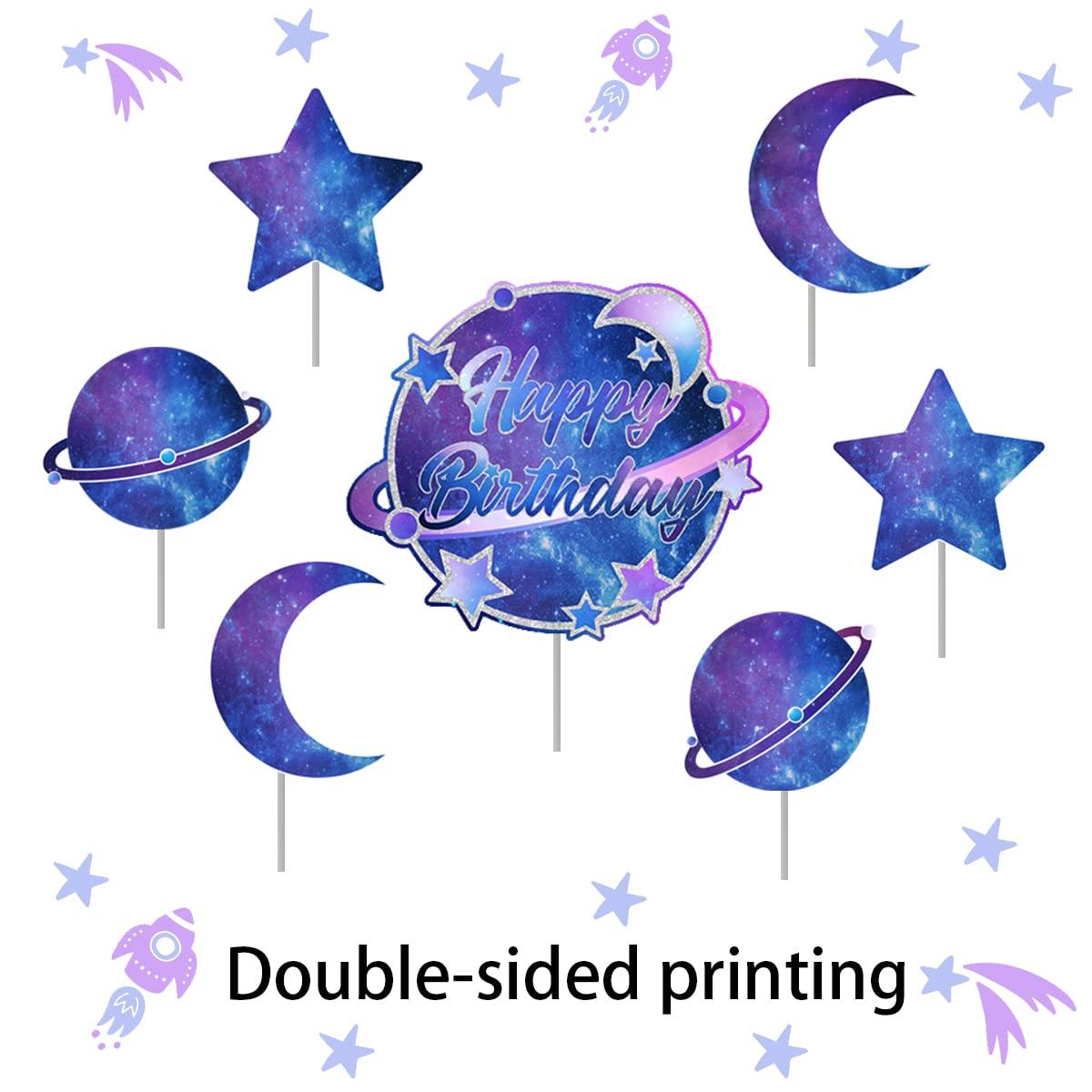 Kreatwow Galaxy Birthday Cake Decorations Solar System Happy Birthday Cake Topper Planets Star Planet Moon Outer Space Cupcake Toppers for Starry Sky Universe Space Themed Birthday Party Supplies - 25pcs