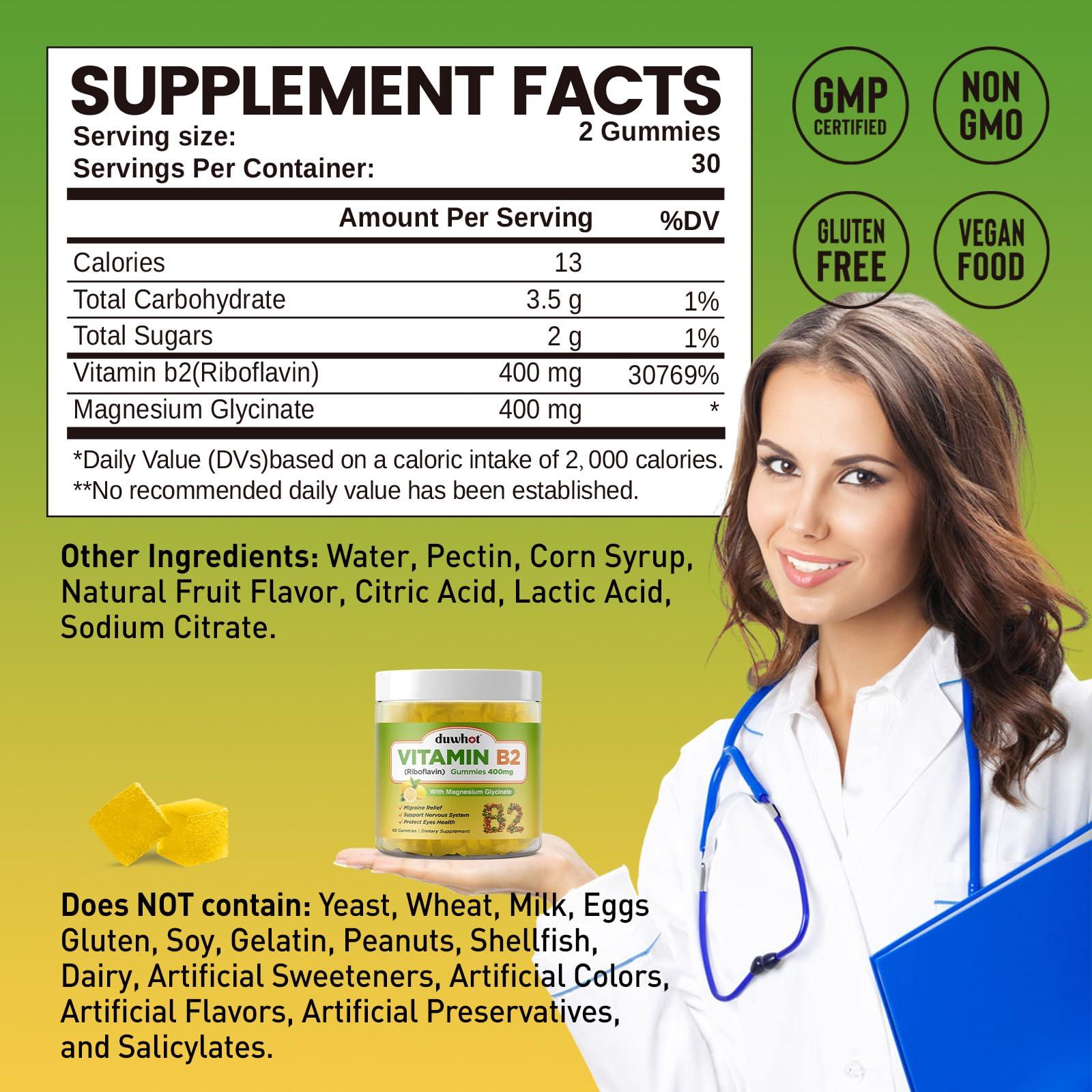 duwhot duwhot Migraine Relief - Vitamin B2 Gummies (Riboflavin) 400mg & Magnesium Oxide Gummies 400mg, Headache Relief & Nervous System Support