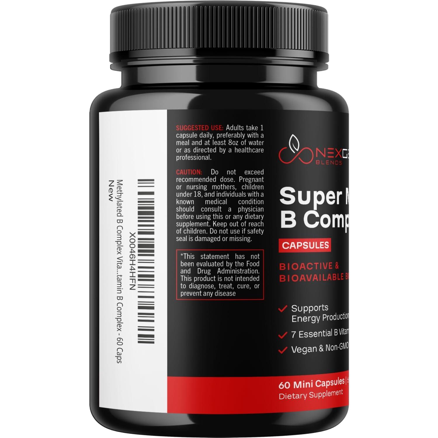 NEXGEN BLENDS Methylated B Complex Vitamin Supplement - Bioactive Methyl B Complex with 5-MTHF Methyl Folate & B12 Methylcobalamin for Brain Heart Energy & Homocysteine Support - Super Vitamin B Complex - 60 Caps