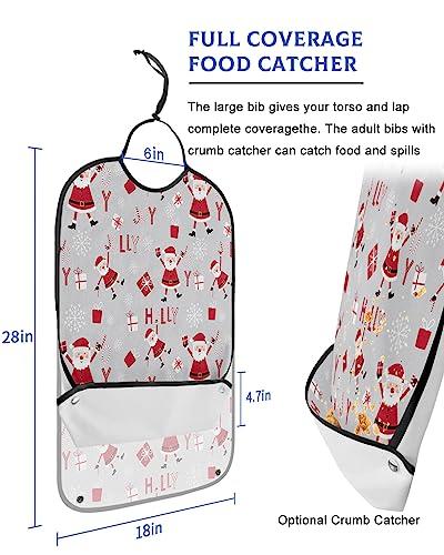 Sabolny Christmas Adult Bib for Eating with Crumb Catcher,Washable & Waterproof Terry Cloth Adjustable Elderly Women Men Adult Bibs Funny Clothing Protector Santa Snowflake Winter Xmas Gift Grey Red White