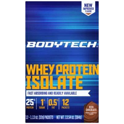 BODYTECH BODYTECH Whey Protein Isolate Powder - with 25 Grams of Protein per Serving & BCAA's - Ideal for Post-Workout Muscle Building & Growth, Contains Milk & Soy - Rich Chocolate (12 Packets)